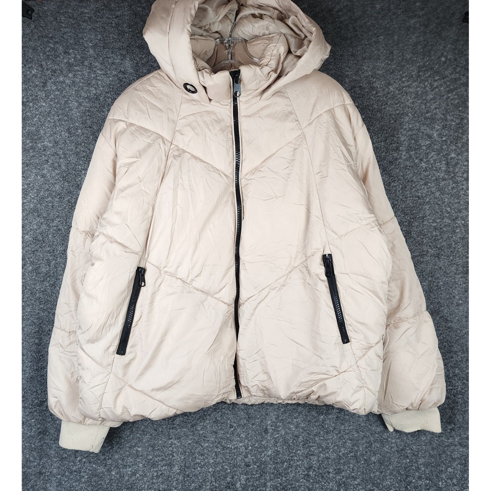 Vero Moda Puffer Jacket Women Size L Beige Quilted Hooded Zip Up Coat